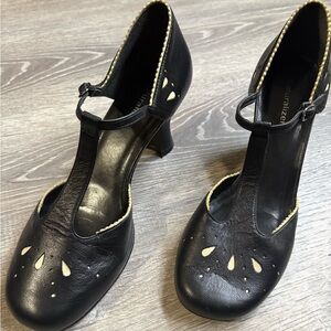 Naturalizer Black T-Strap Heels with Cream Cutout Accents